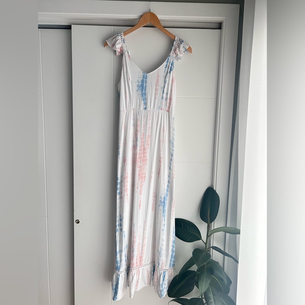 Japna White Maxi Dress with Pink and Blue Tie-Dye Accents - Picture 2 of 4